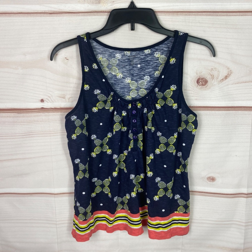 Crown & Ivy Top Womens PM Blue Pineapple Print Tank Henley Sleeveless Cotton